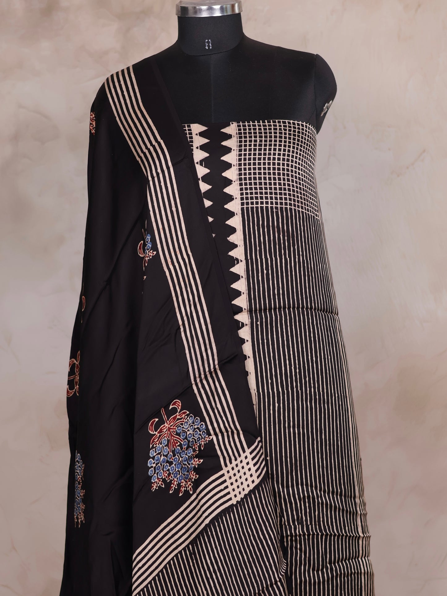 Black Ajrakh Handblock Printed Modal Silk 2 Piece Suit Set | Looms & Tassels
