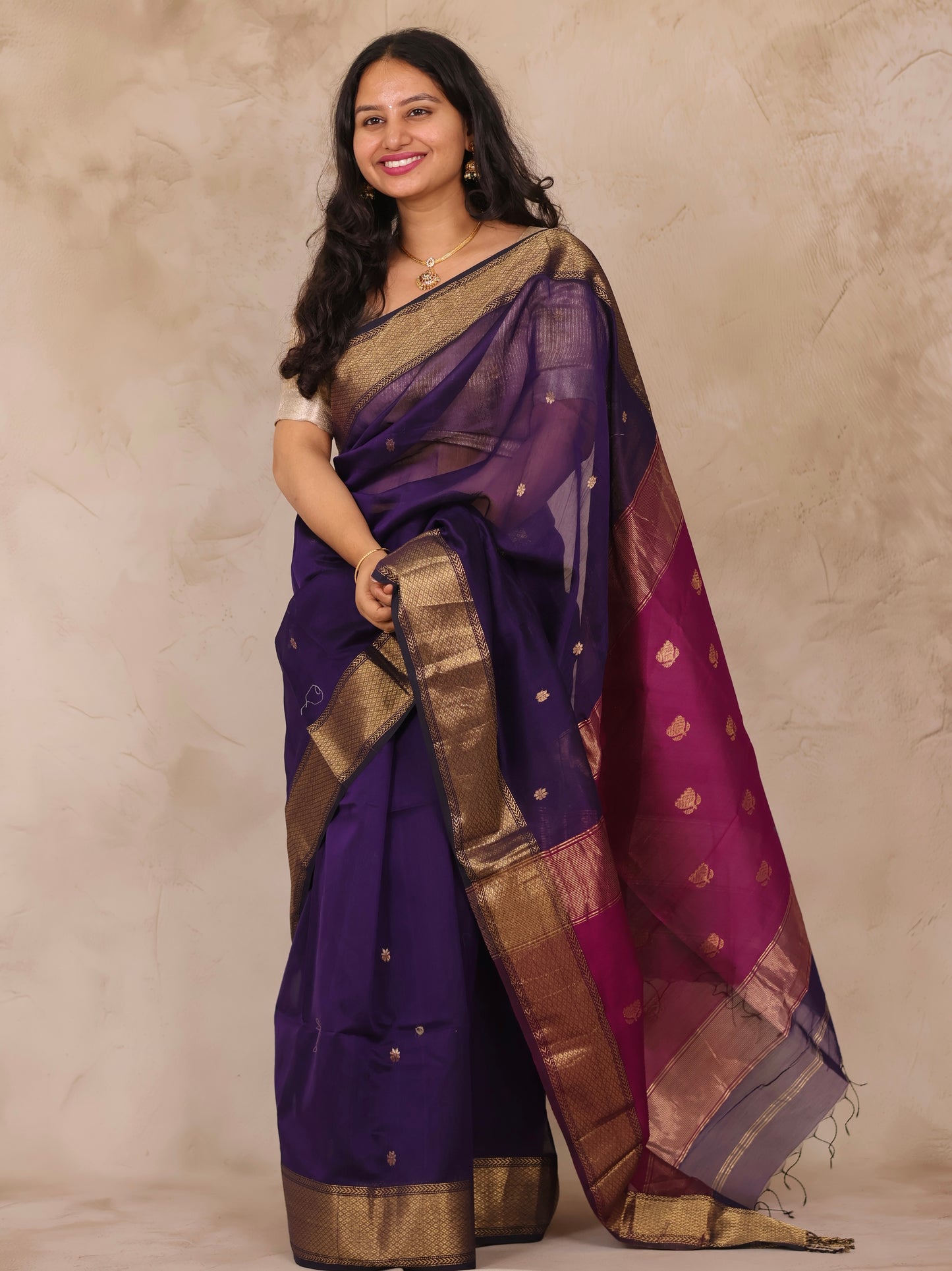 Violet Handloom Maheswari Silk Cotton Sarees | Looms & Tassels