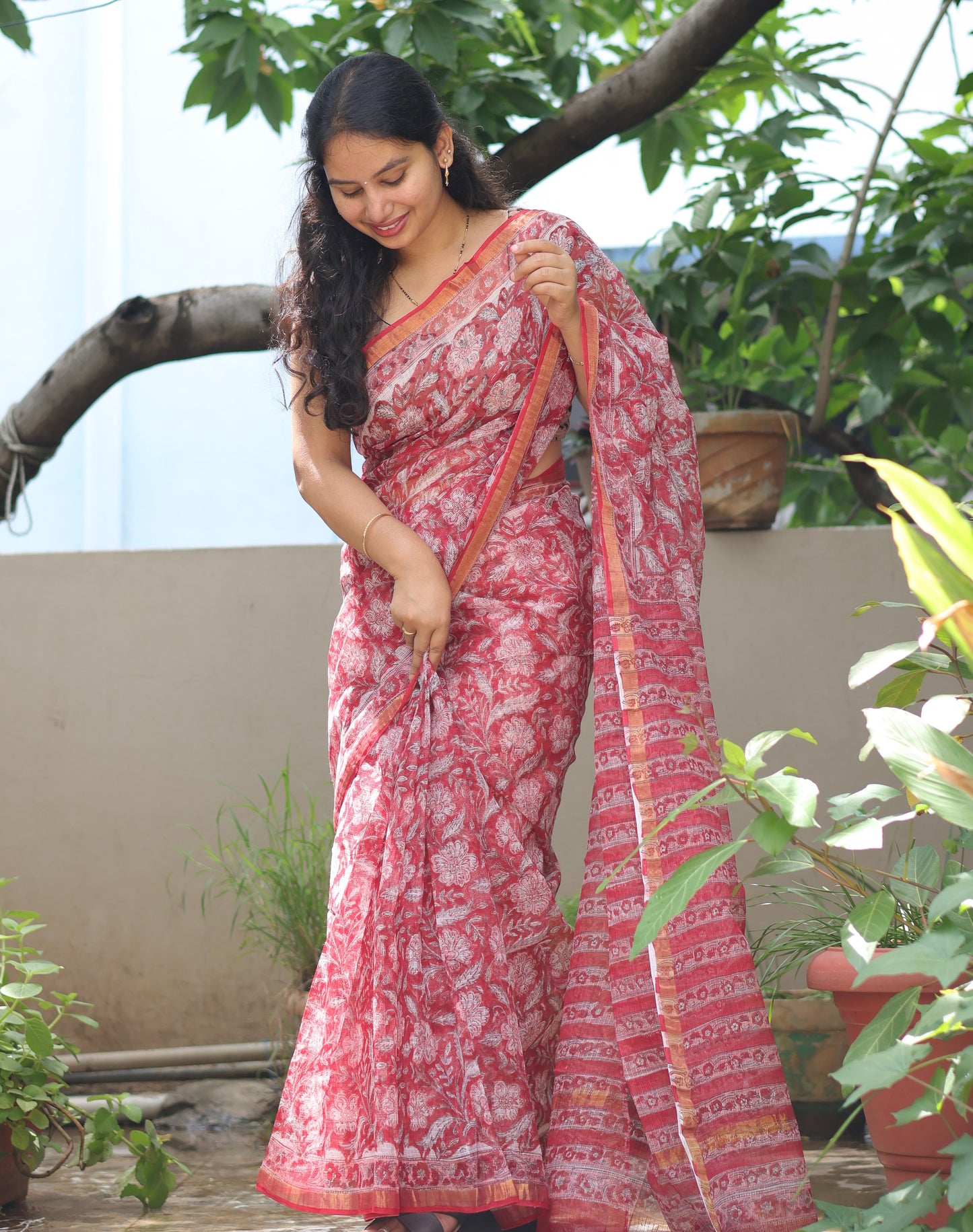 Red Bagru Hand block printed Kota Doriya Saree