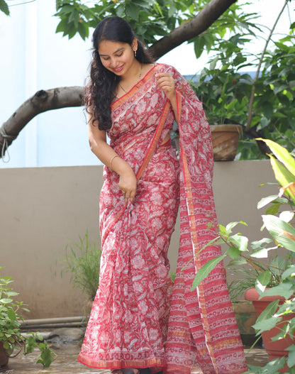 Red Bagru Hand block printed Kota Doriya Saree