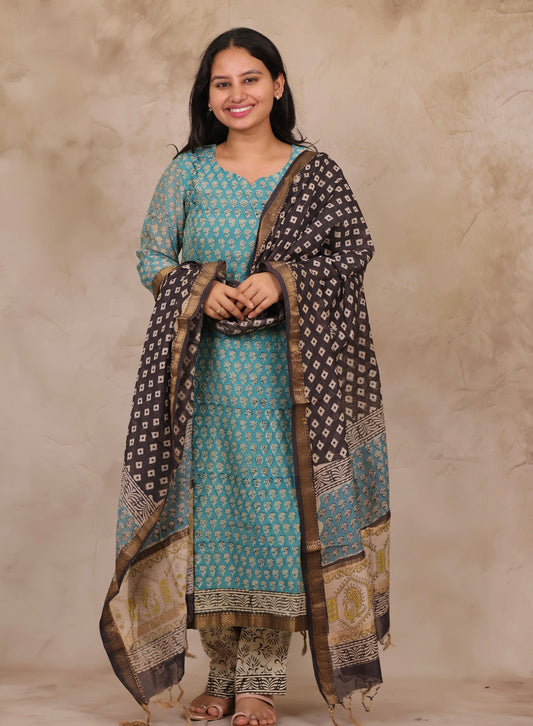 Powder Blue Handblock printed Pure Maheswari Silk 3 piece suit (stitched)