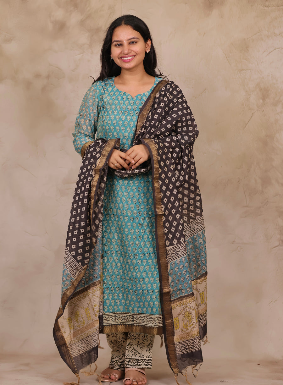 Powder Blue Handblock printed Pure Maheswari Silk 3 piece suit (stitched)