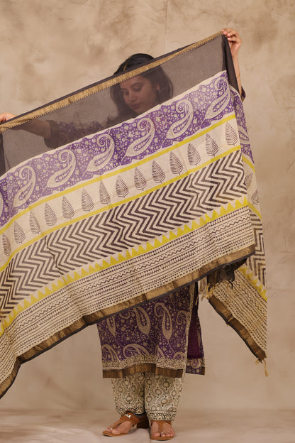 Lavender Handblock printed Pure Maheswari Silk 3 piece suit (stitched)