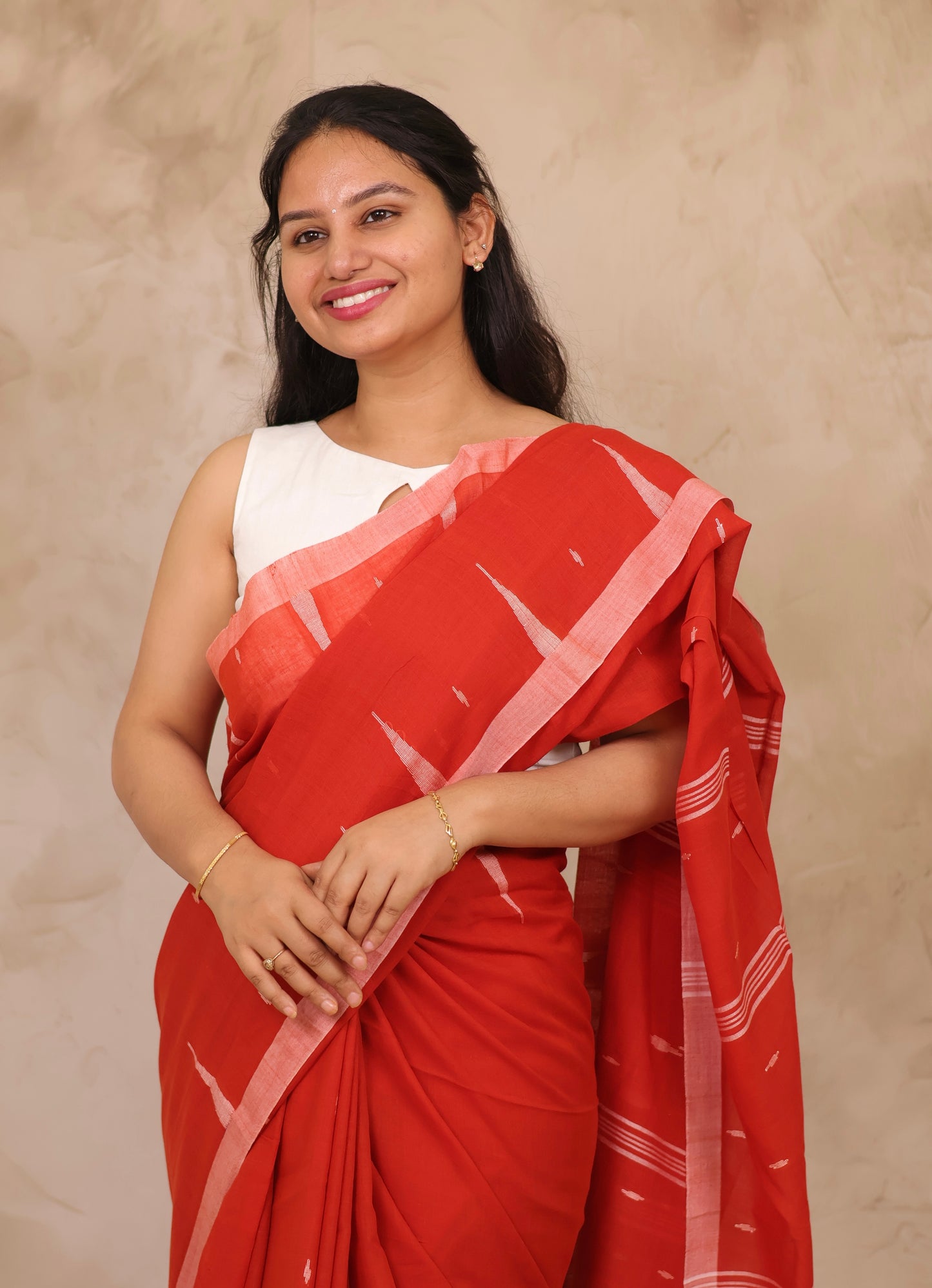 Orange Handwoven Malai Cotton Saree| Looms & Tassels