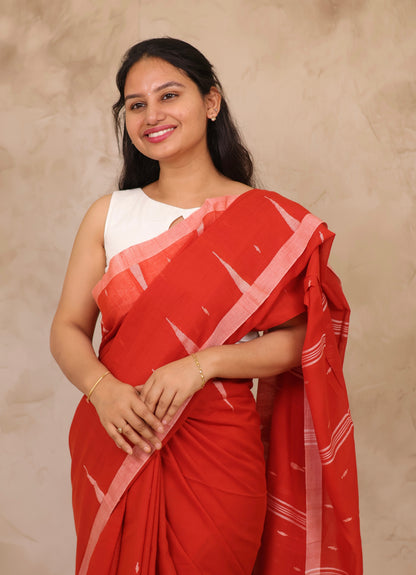 Orange Handwoven Malai Cotton Saree| Looms & Tassels