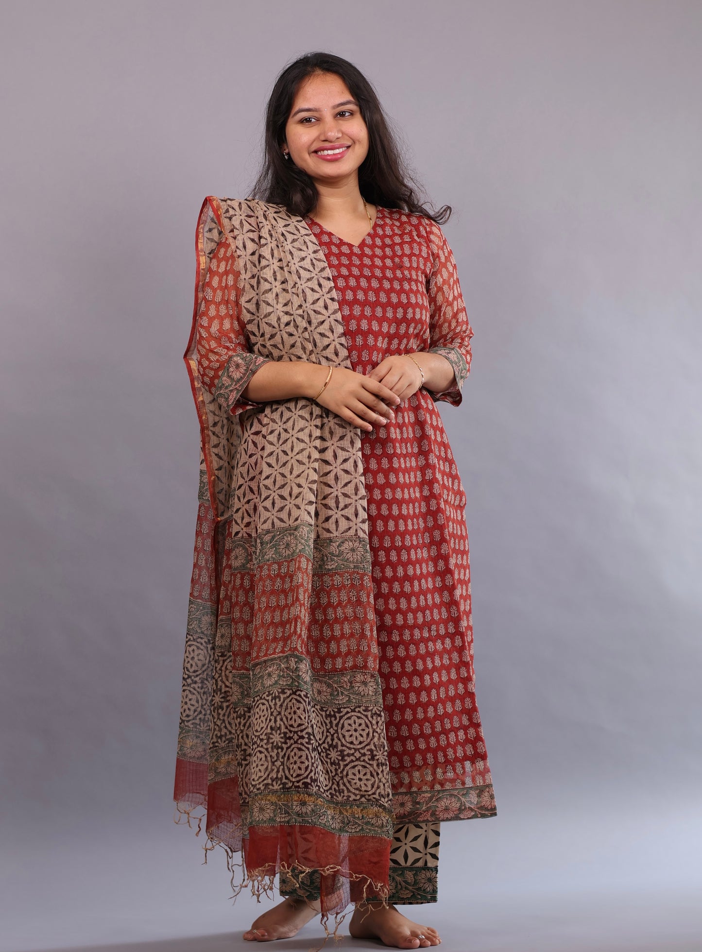 Handblock printed kota 3 piece suit (stitched)