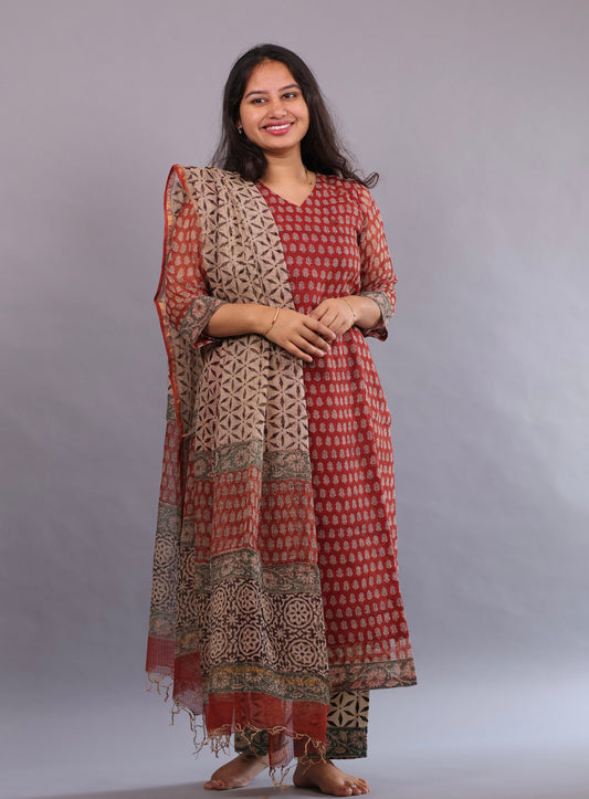 Handblock printed kota 3 piece suit (stitched)