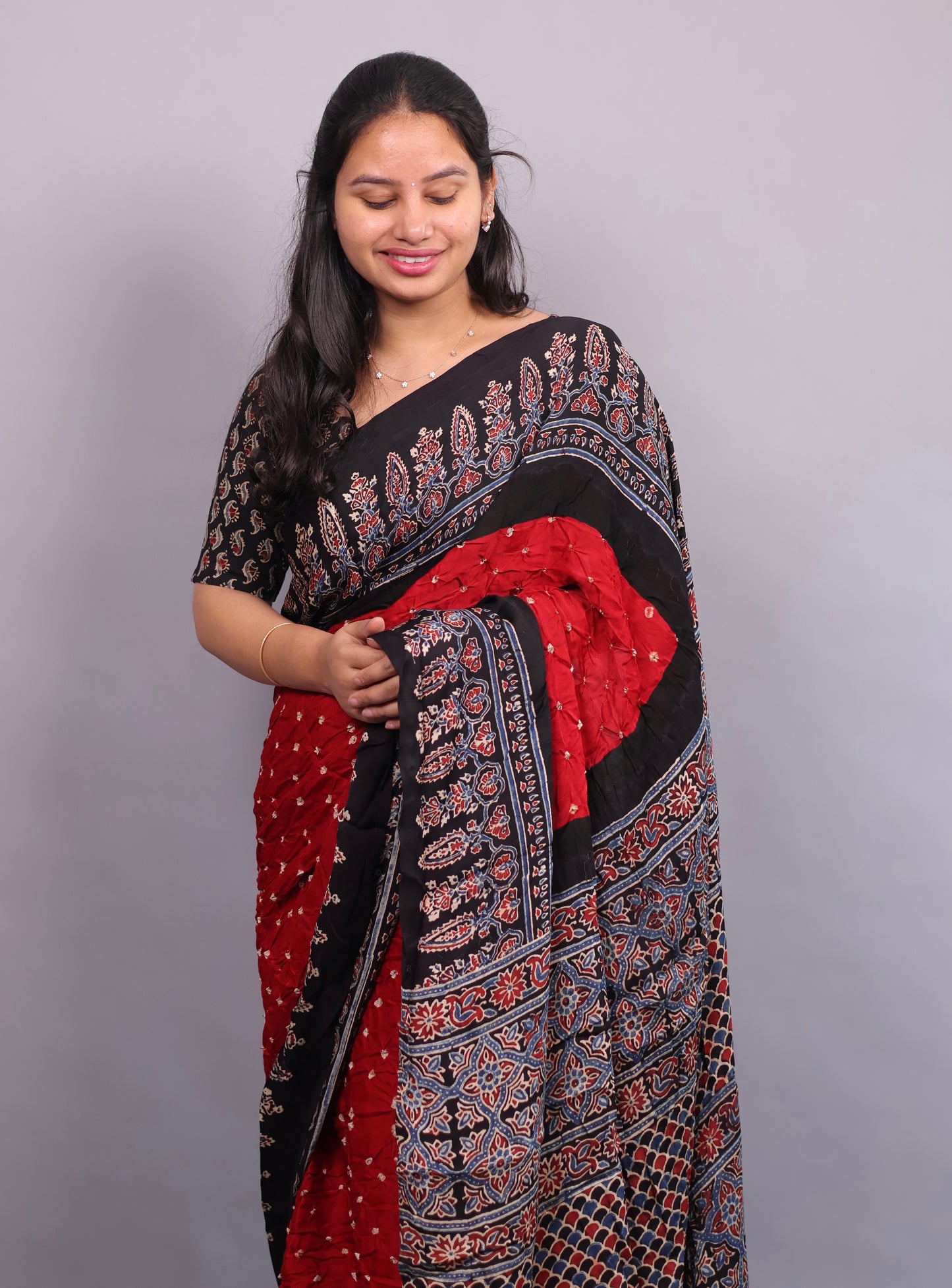 Red Hand Knotted Ajrakh Bandhej Modal Silk Saree | Looms & Tassels