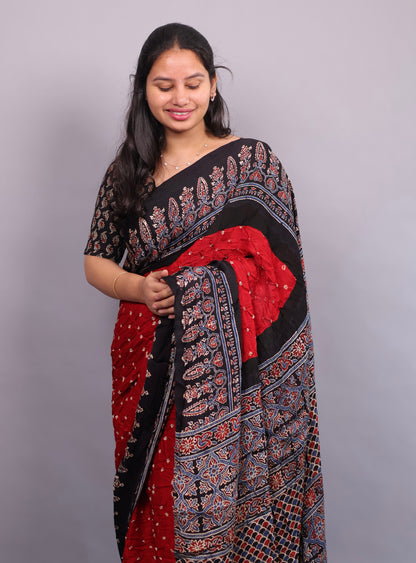 Red Hand Knotted Ajrakh Bandhej Modal Silk Saree | Looms & Tassels