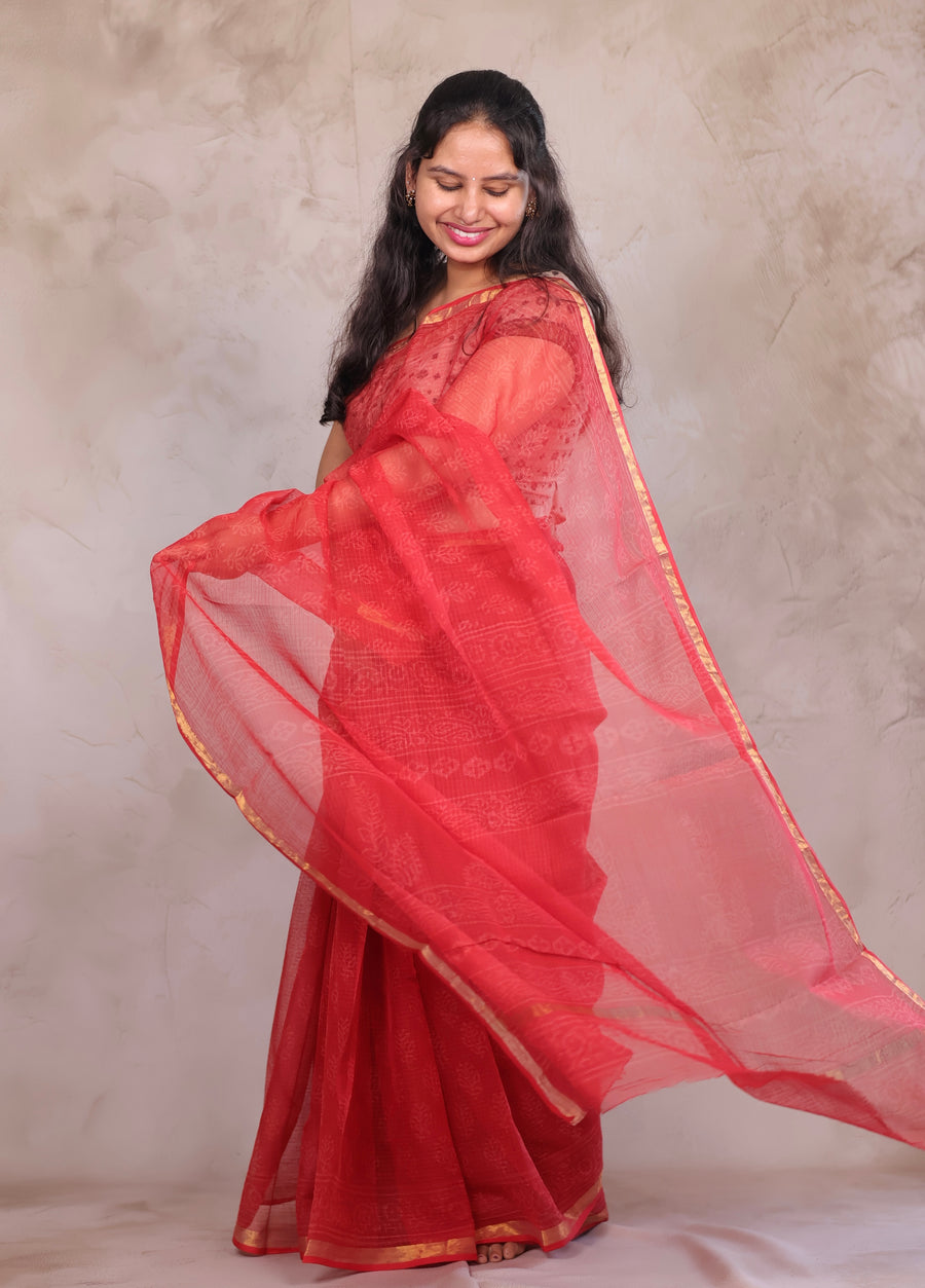 Red Pure Kota Doria Saree with Bagru Handblock Prints | Looms & Tassels