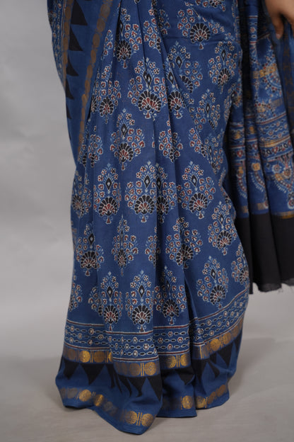 Indigo Ajrakh Hand Block Printed Sungudi Cotton Saree | Looms & Tassels
