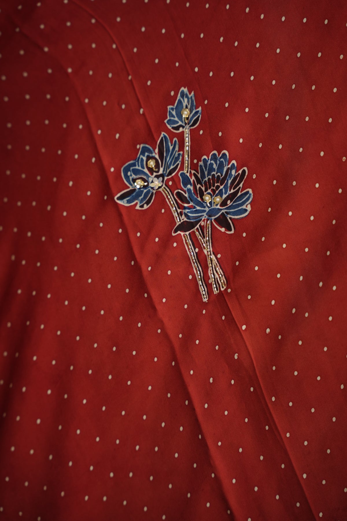 Maroon Ajrakh Modal Silk Hand Embroidery Saree  | Looms & Tassels
