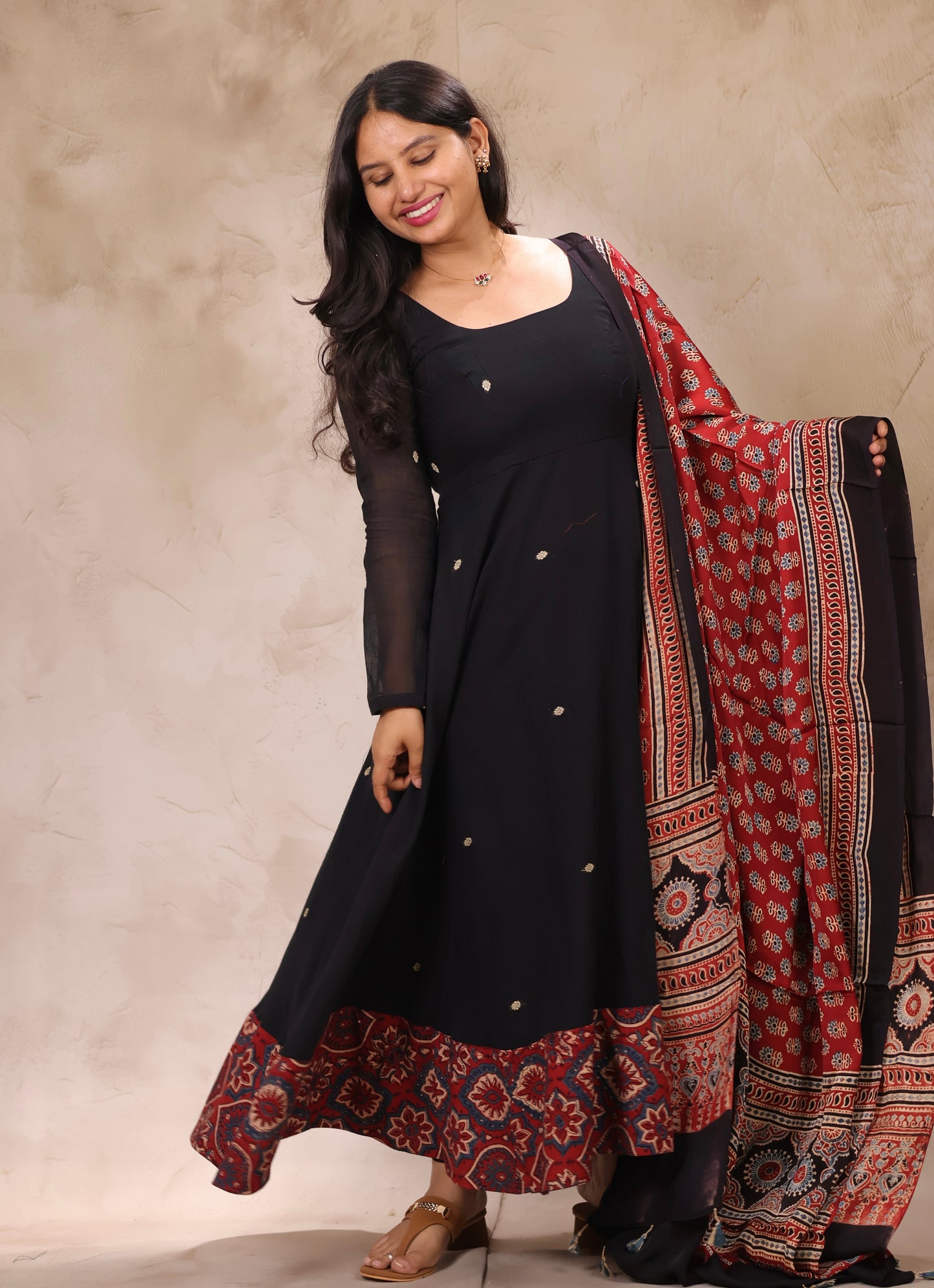 Black Ajrakh Patch Work Narayanpet Cotton Anarkali Dress with Ajrakh Modal Silk Dupatta | Looms & Tassels