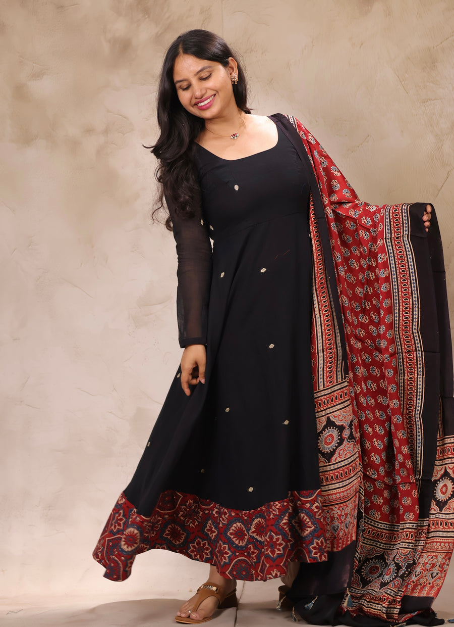 Black Ajrakh Patch Work Narayanpet Cotton Anarkali Dress with Ajrakh Modal Silk Dupatta | Looms & Tassels