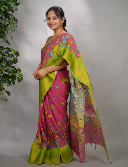Pink Hand Drawn Pen Kalamkari Bangalore Silk Kanchi Border Saree | Looms & Tassels