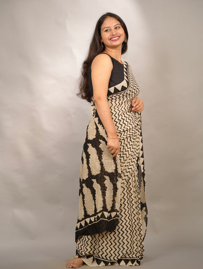 Cream & Black Georgette Hand Block Printed Saree| Looms & Tassels