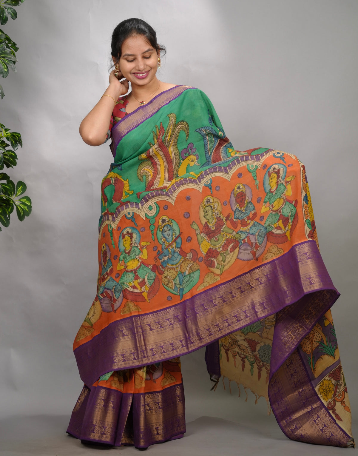 Green & Orange Hand Drawn Pen Kalamkari Bangalore Silk Kanchi Border Saree | Looms & Tassels