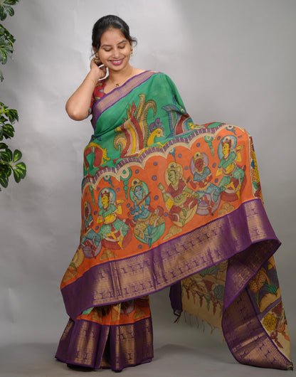 Green & Orange Hand Drawn Pen Kalamkari Bangalore Silk Kanchi Border Saree | Looms & Tassels