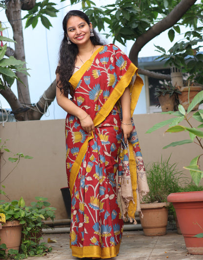 Red Lotus & Pichwai Kalamkari Silk Handcrafted Nizam Border Saree