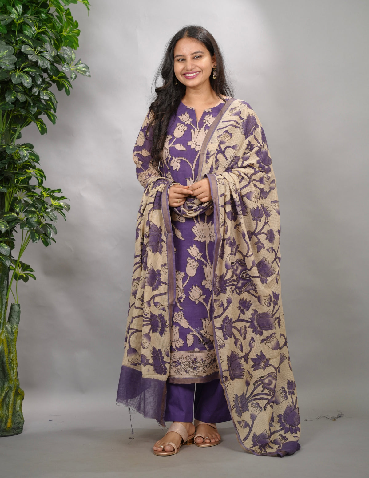 Purple Kalamkari Kota Cotton 3 piece suit (stitched) | Looms & Tassels