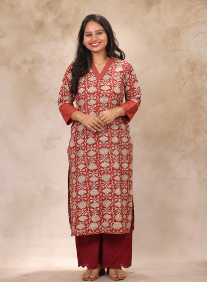 Rust Pure Bagru Mul Cotton Straight Cut Kurta | Looms & Tassels