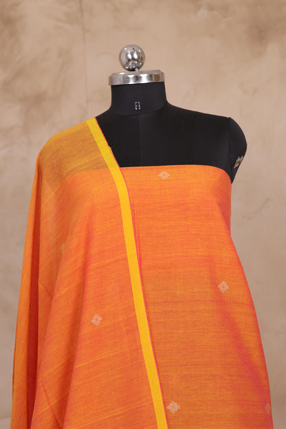 Orange Handwoven Jamdhani weaving pure Mercerised Malai cotton 2 piece suit sets | Looms & Tassels