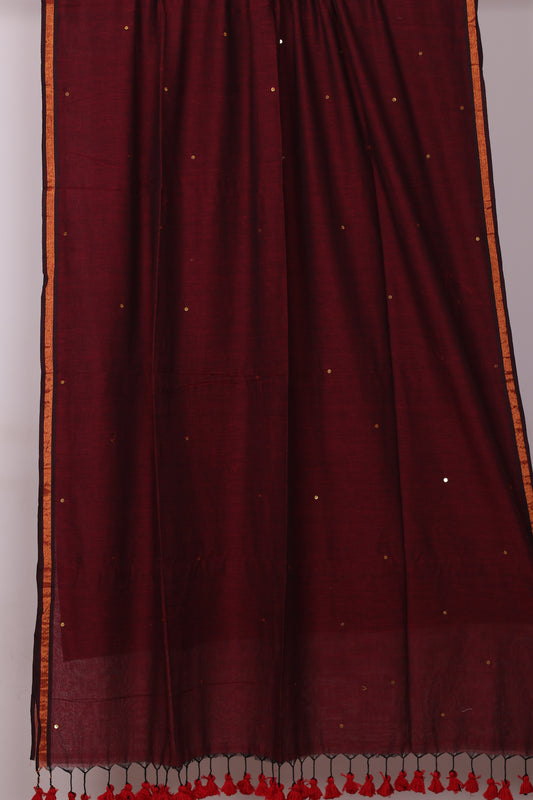 Maroon Pure Handwoven Malai Cotton Saree with Sequence Work