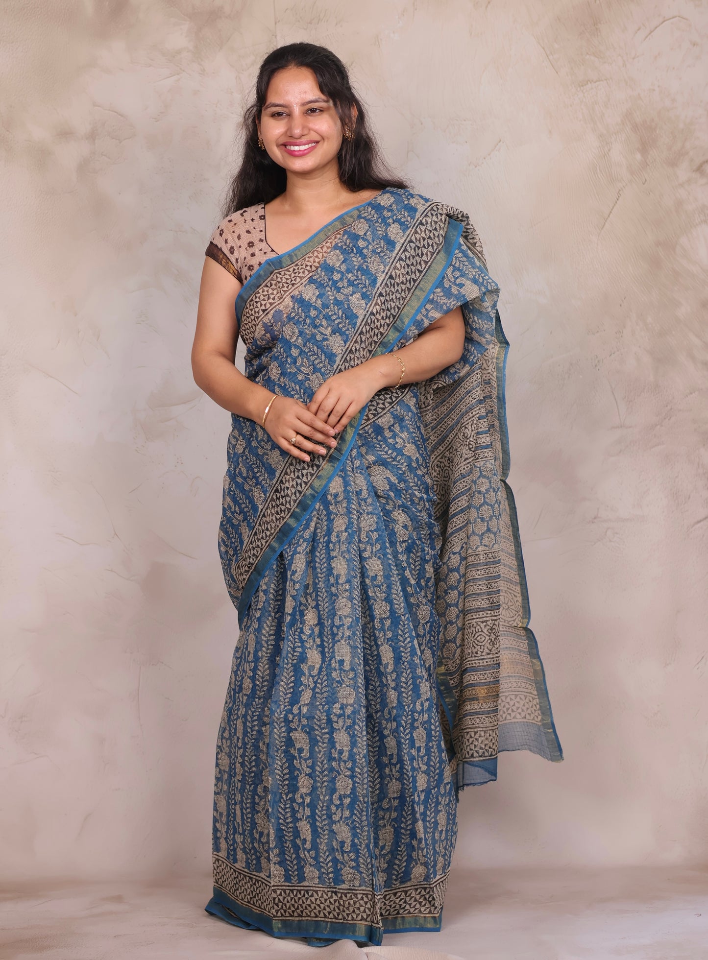 Teal Blue Pure Kota Doria Saree with Bagru Handblock Prints | Looms & Tassels