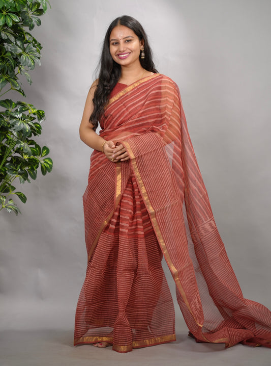 Maroon Stripes Contemporary Pure Kota Doria Saree with Bagru Handblock Prints