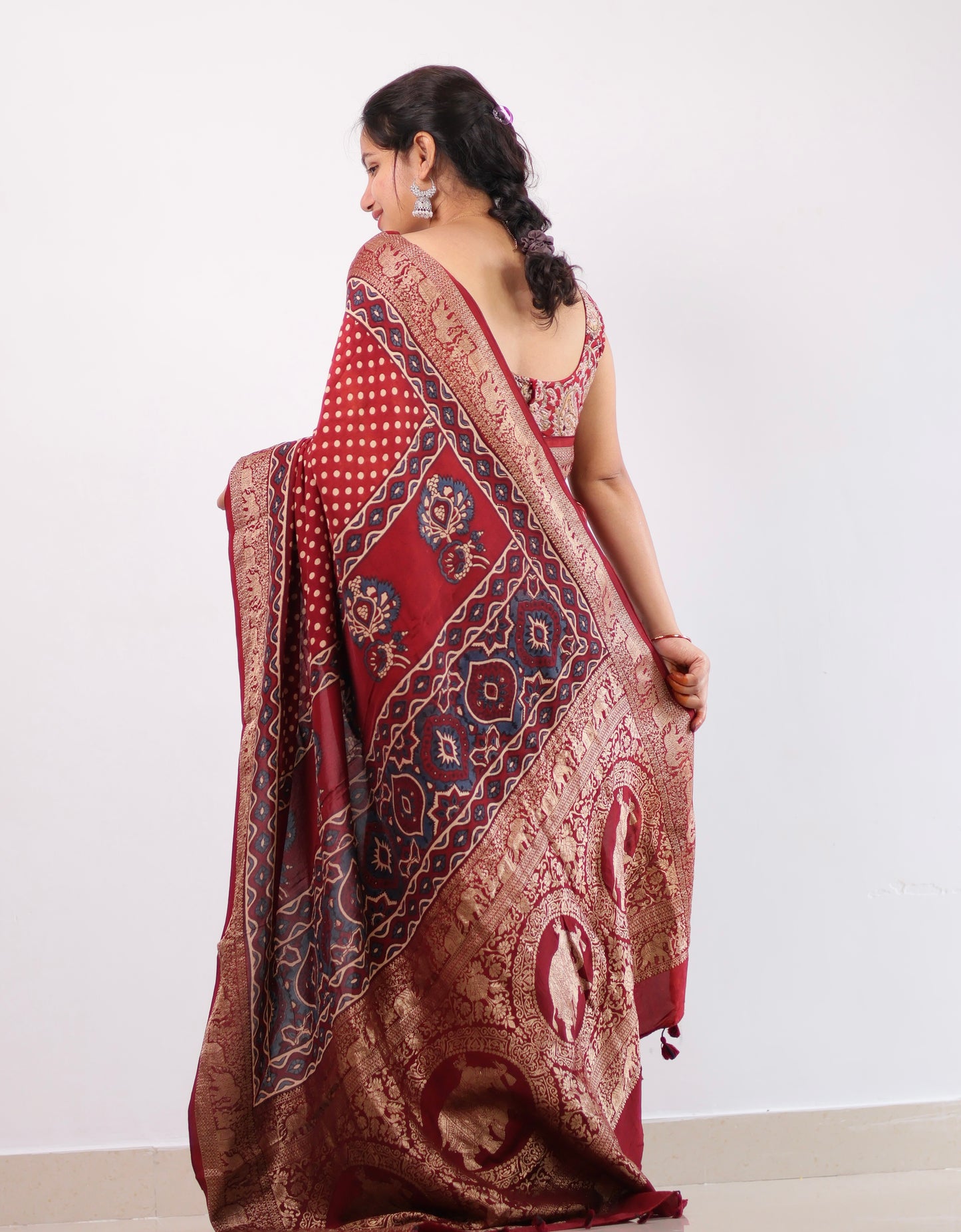 Ajrakh Dola Silk Saree