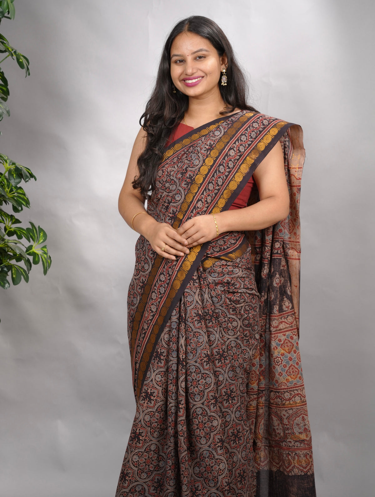 Black Ajrakh Hand Block Printed Sungudi Cotton Saree | Looms & Tassels
