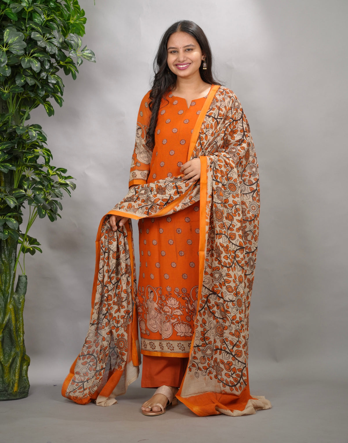 Orange Kalamkari Kota Cotton 3 piece suit (stitched) | Looms & Tassels