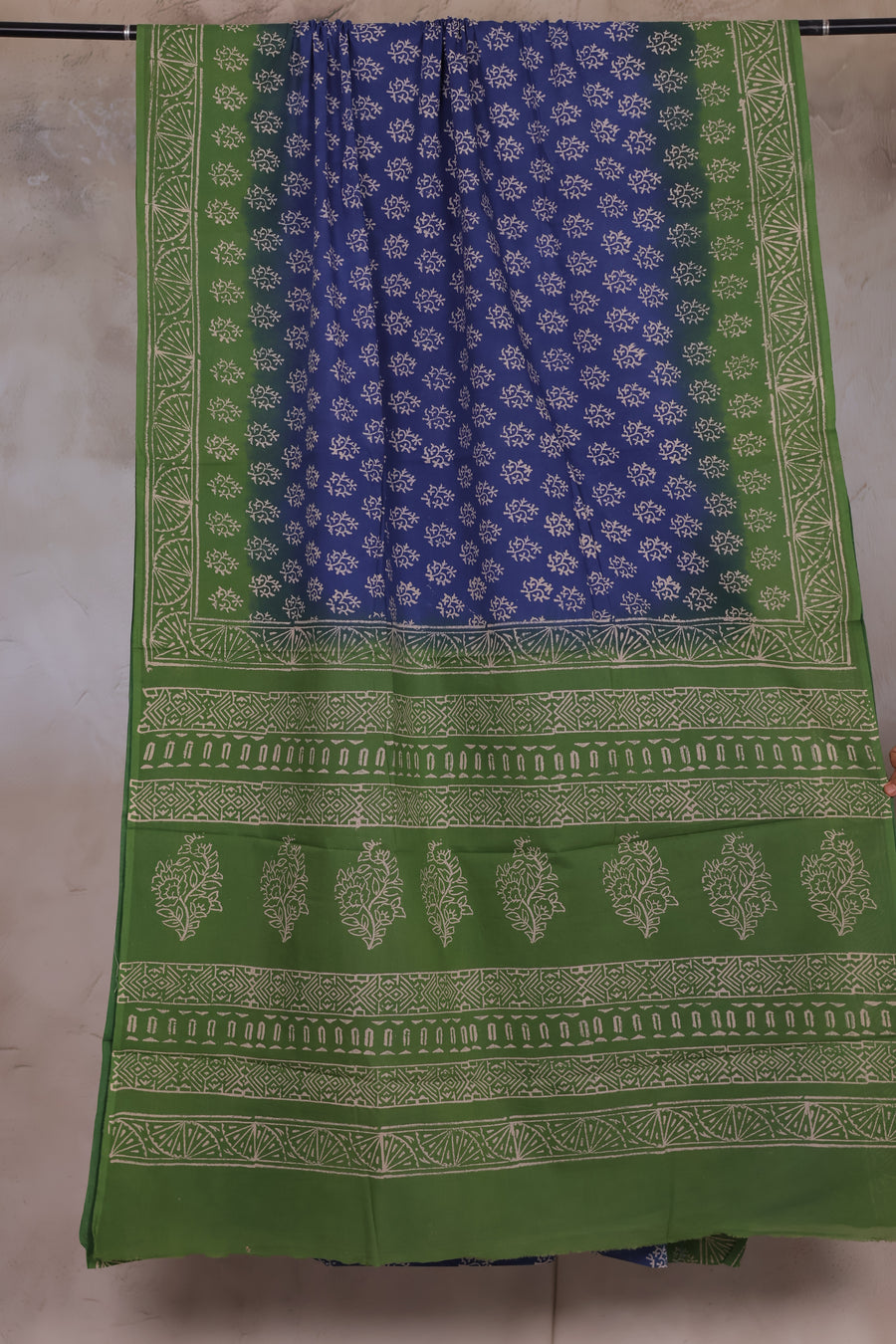 Green And Blue Bagru Handblock printed MulMul cotton saree | Looms & Tassels