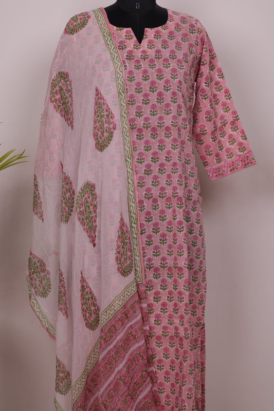 Pink Handblock printed Pure Mul Cotton with Chiffon Duppata 3 piece suit (stitched)