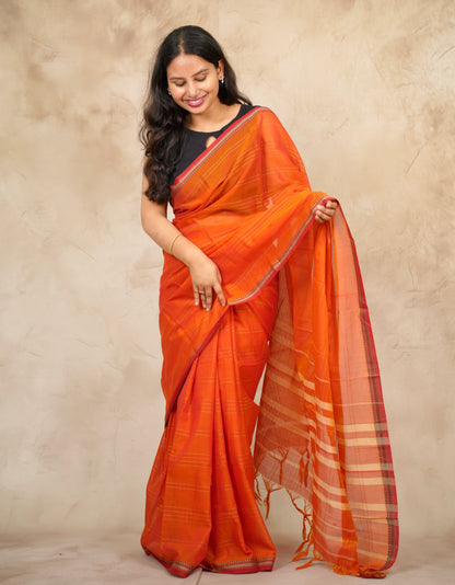 Orange Narayanpet Cotton Saree lines weaving | Looms & Tassels