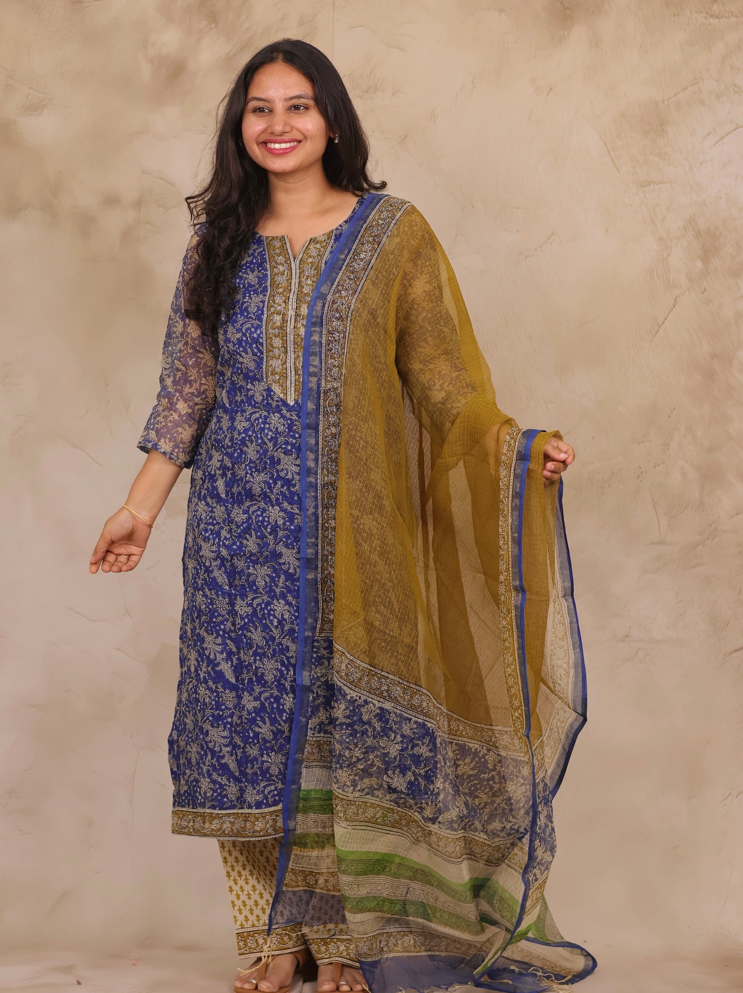 Blue Handblock printed kota 3 piece suit (stitched)