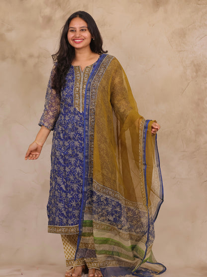Blue Handblock printed kota 3 piece suit (stitched)