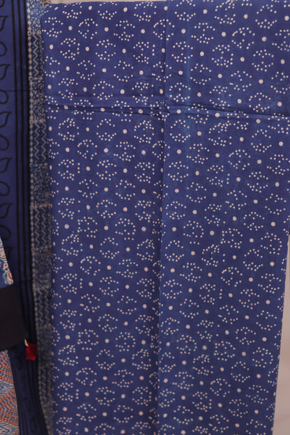 Indigo Ajrakh Handblock Printed Pure Cotton 3 piece suit set | Looms & Tassels