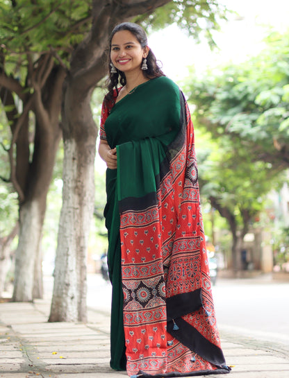 Green Ajrakh Modal Silk Saree