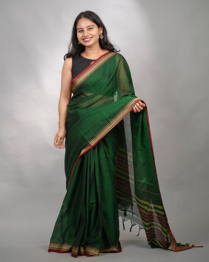 Bottle Green Narayanpet Cotton Saree With Temple Border | Looms & Tassels