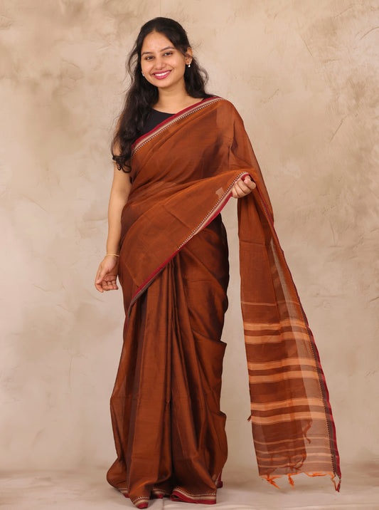 Brown Narayanpet Cotton Saree | Looms & Tassels