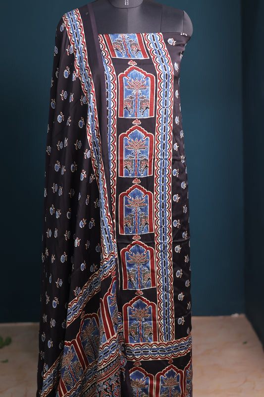 Black Handblock printed Ajrakh modal silk 2 piece suit set