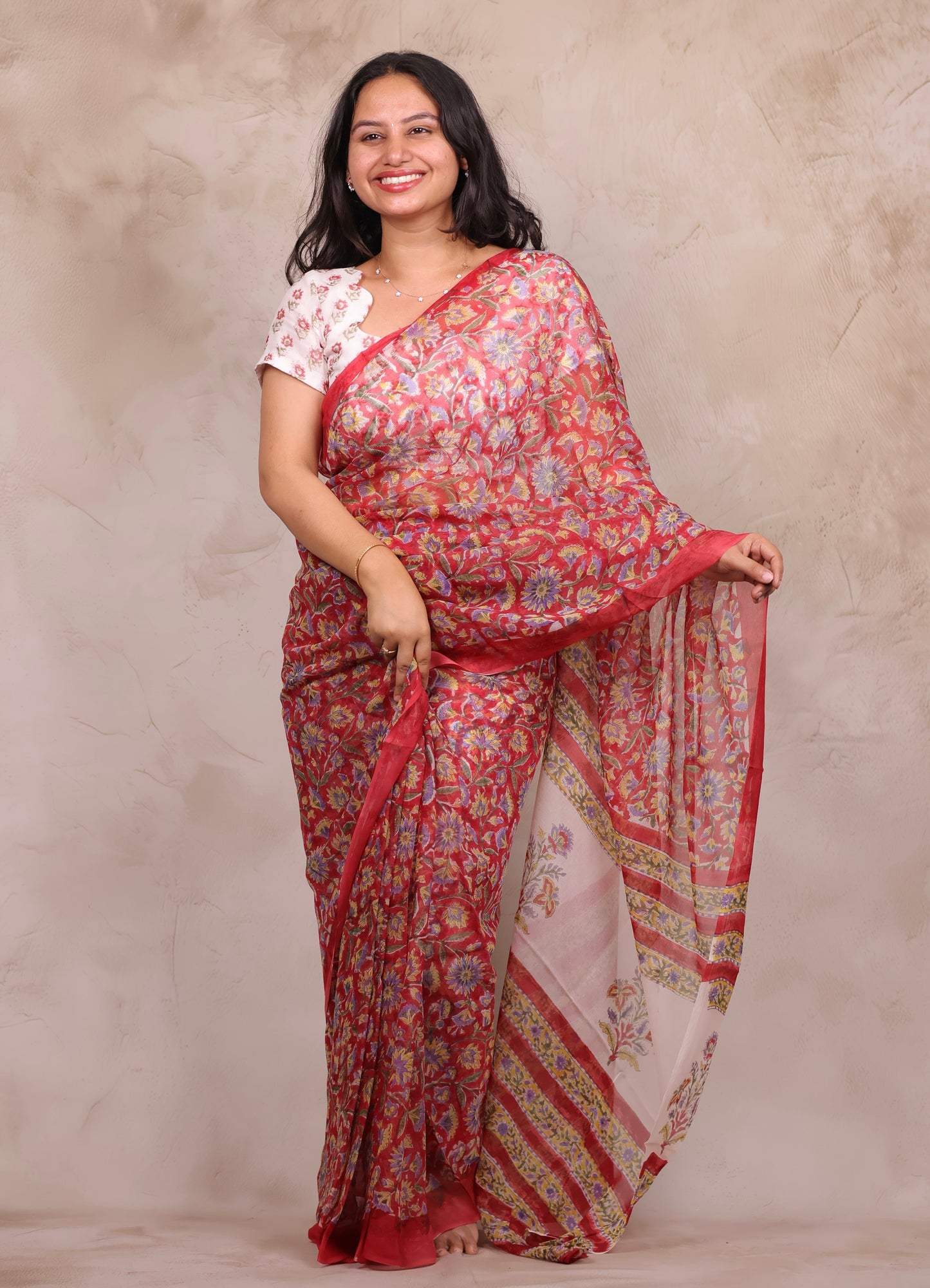 Red Chiffon Hand Block Printed Saree | Looms & Tassels