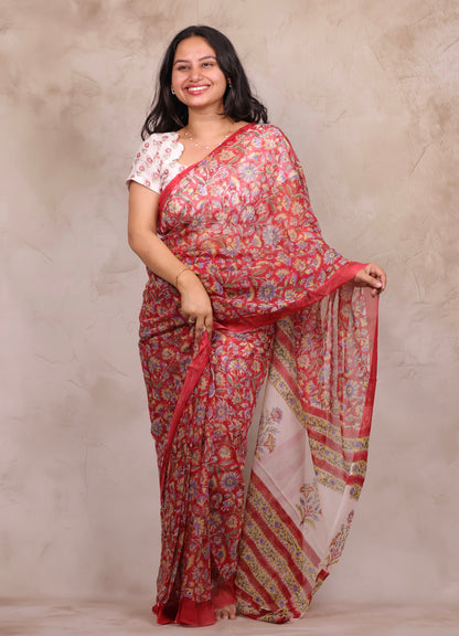 Red Chiffon Hand Block Printed Saree | Looms & Tassels
