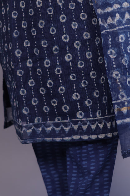 Indigo Handblock printed kota 3 piece suit (stitched)