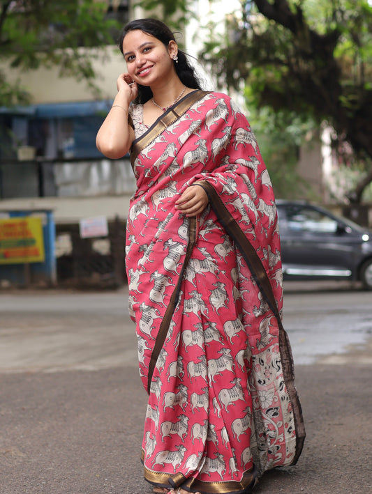Pink pichwai Nizam Border Kalamkari Silk Saree