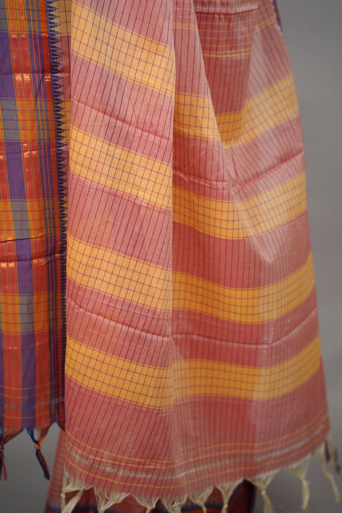 Onion Pink Checks Narayanpet Cotton Saree with Traditional contrast Border | Looms & Tassels