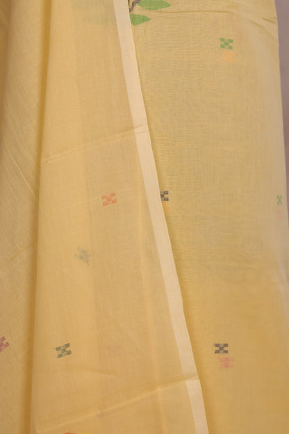 Pastel Yellow Handwoven Jamdhani weaving pure Malai cotton 2 piece suit sets | Looms & Tassels