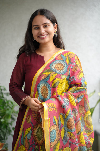 Pink Pen Kalamkari Mangalagiri silk Dupatta