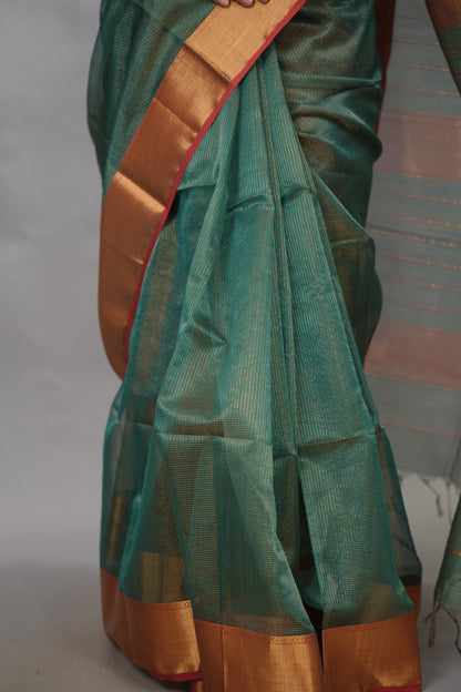 Sea Green Checks Handloom Maheswari Tissue Silk Cotton Sarees | Looms & Tassels